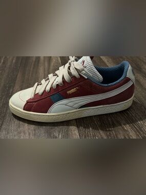 Puma Burgundy and White Suede Low-Top Sneakers